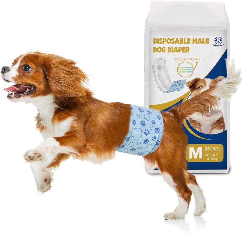 Flying Paws Male Dog Diapers with Wetness Indicator, Disposable Belly Band for Puppy Male Diapers, Doggie Wraps for Puppy Training, Incontinence (M, 26 Count) - Image 1